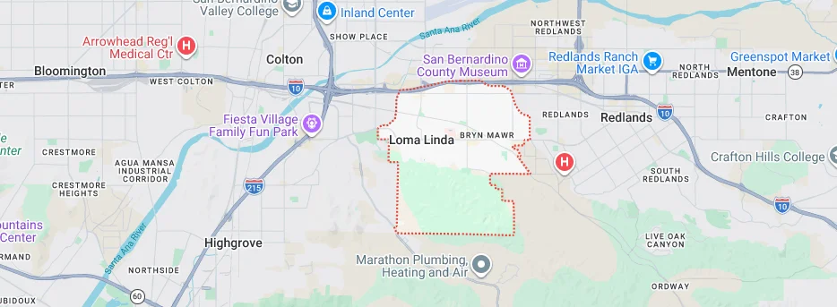 Map showing Loma Linda, CA and surrounding service areas