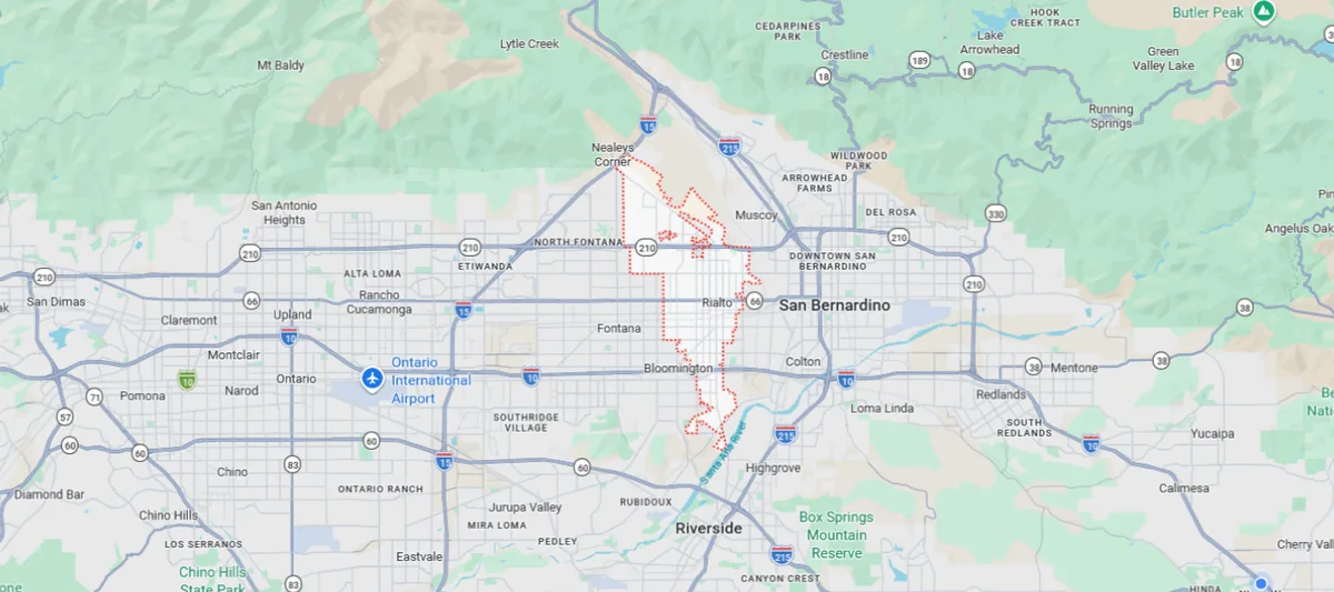 Map showing Rialto, CA and surrounding service areas