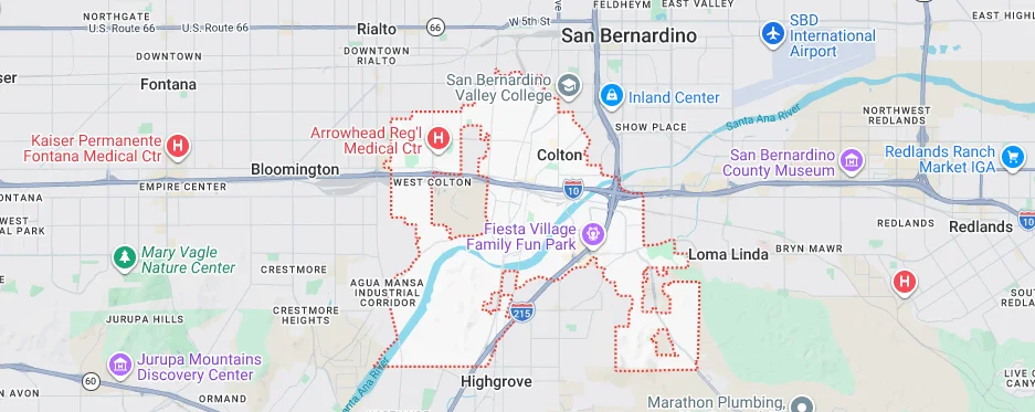 Map showing Colton, CA and surrounding service areas