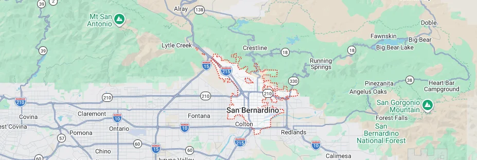 Map showing San Bernardino, CA and surrounding service areas