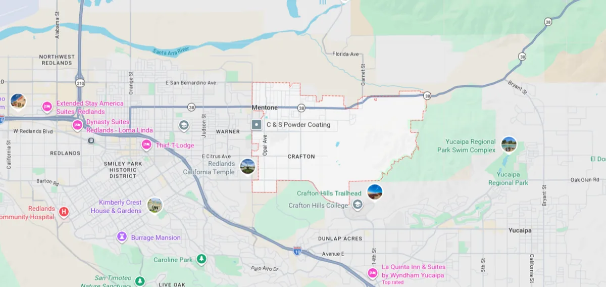 Map showing Mentone, CA and surrounding service areas