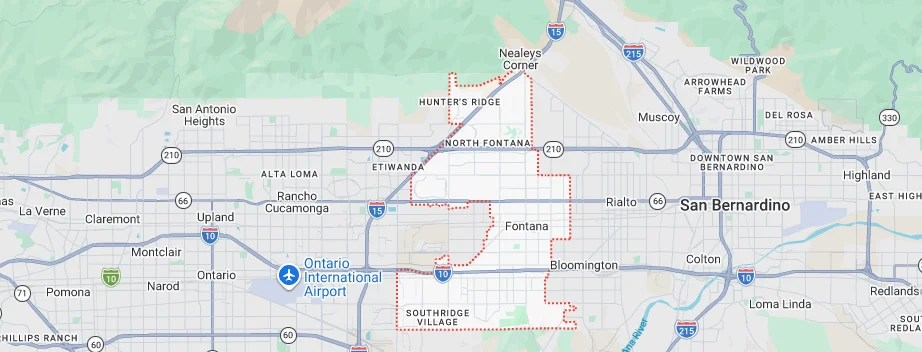 Map showing Fontana, CA and surrounding service areas