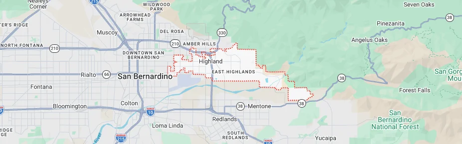 Map showing Highland, CA and surrounding service areas