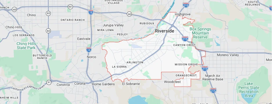 Map showing Riverside, CA and surrounding service areas
