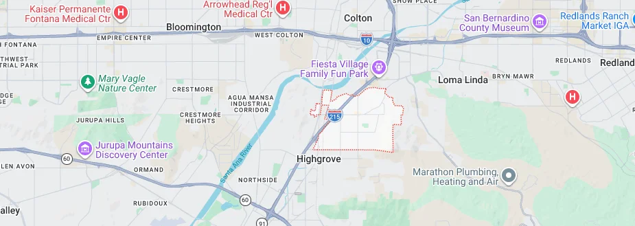 Map showing Grand Terrace, CA and surrounding service areas