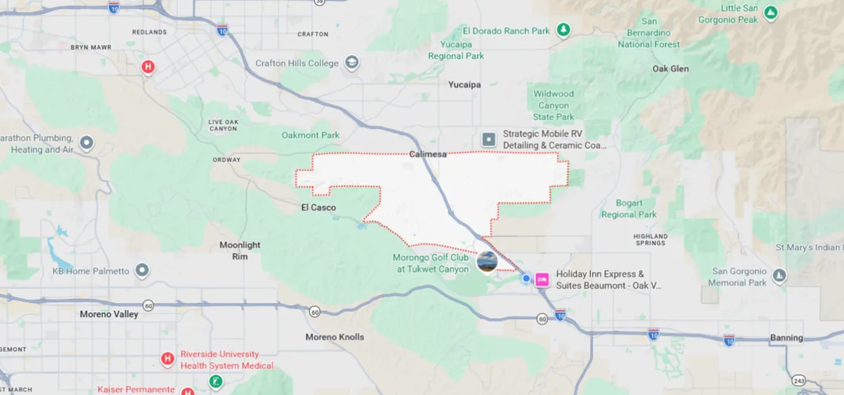 Map showing Calimesa, CA and surrounding service areas
