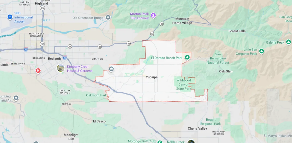 Map showing Yucaipa, CA and surrounding service areas
