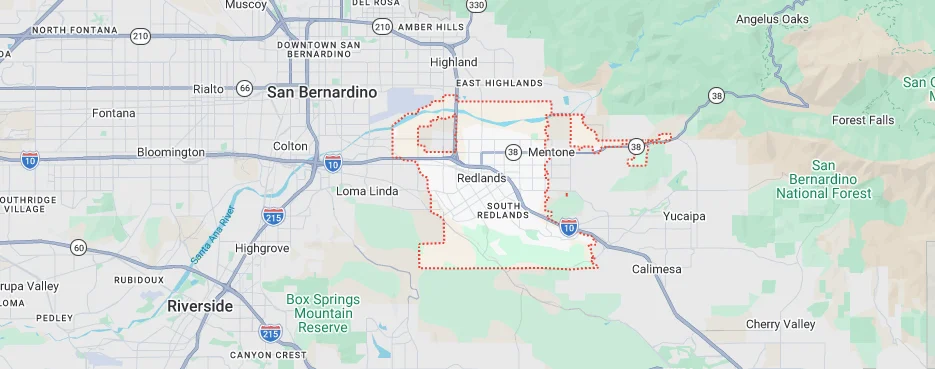 Map showing Redlands, CA and surrounding service areas
